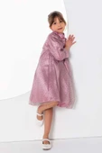 Kız Çocuk Üzeri Benekli ve Pullu İçi Astarlı Yakası Fırfırlı Gül Kurusu Elbise thumbnail 6