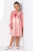 Kız Çocuk Göğsü Kurdele ve Üzeri Kelebek İşlemeli İspanyol Kollu Somon Şifon Elbise thumbnail 7