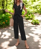 Yazlık Tek Sıra Düğmeli V Yaka Keten Tulum thumbnail 4