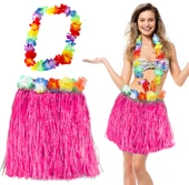 Hawaii Luau Aloha Pembe Püsküllü 40 cm Etek ve Hawaii Kolye Seti - 1