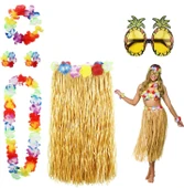 Hawaii Parti Kostüm Seti - 60 cm Hasır Etek, Çiçekli Aksesuarlar ve Ananas Gözlük - 1