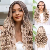 Kumral Platin Ombre Bebek Saçlı Fiber Sentetik Yoğun Dalgalı Tül Peruk thumbnail 1