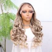 Kumral Platin Ombre Bebek Saçlı Fiber Sentetik Yoğun Dalgalı Tül Peruk thumbnail 3