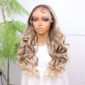 Kumral Platin Ombre Bebek Saçlı Fiber Sentetik Yoğun Dalgalı Tül Peruk thumbnail 4