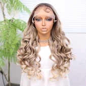 Kumral Platin Ombre Bebek Saçlı Fiber Sentetik Yoğun Dalgalı Tül Peruk thumbnail 2