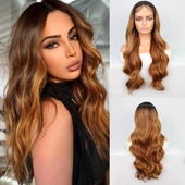 Siyah Karamel Balköpüğü Ombre Fiber Sentetik Geniş Dalgalı Tül Peruk thumbnail 1