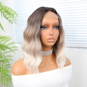 Kahverengi Bebek Kumralı Beyaz Platin Ombre Küt Tül Peruk thumbnail 3