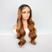 Siyah Karamel Balköpüğü Ombre Fiber Sentetik Geniş Dalgalı Tül Peruk thumbnail 3