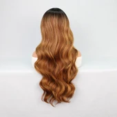Siyah Karamel Balköpüğü Ombre Fiber Sentetik Geniş Dalgalı Tül Peruk thumbnail 5