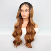 Siyah Karamel Balköpüğü Ombre Fiber Sentetik Geniş Dalgalı Tül Peruk thumbnail 4