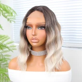 Kahverengi Bebek Kumralı Beyaz Platin Ombre Küt Tül Peruk thumbnail 4