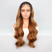 Siyah Karamel Balköpüğü Ombre Fiber Sentetik Geniş Dalgalı Tül Peruk thumbnail 2