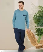 Pijamoni Erkek Pamuklu Bisiklet Yaka Uzun Kol İnce Pijama Takımı 6150/4 - 1 Adet  M Açık Mavi - 1