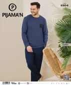 Pijamoni Erkek Pamuklu Bisiklet Yaka Uzun Kol İnce Pijama Takımı 6150/8 - 1 Adet  2XL Mavi thumbnail 2