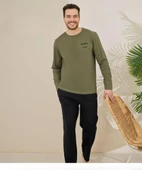 Pijamoni Erkek Pamuklu Bisiklet Yaka Uzun Kol İnce Pijama Takımı 6150/1 - 1 Adet  XL Haki thumbnail 1