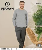 Pijamoni Erkek Pamuklu Bisiklet Yaka Uzun Kol İnce Pijama Takımı 6150/11 - 1 Adet  L Gri thumbnail 2