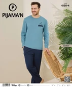 Pijamoni Erkek Pamuklu Bisiklet Yaka Uzun Kol İnce Pijama Takımı 6150/4 - 1 Adet  XL Açık Mavi thumbnail 2