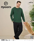 Pijamoni Erkek Pamuklu Bisiklet Yaka Uzun Kol İnce Pijama Takımı 6150/14 - 1 Adet  L Yeşil thumbnail 2