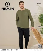 Pijamoni Erkek Pamuklu Bisiklet Yaka Uzun Kol İnce Pijama Takımı 6150/1 - 1 Adet  XL Haki thumbnail 2