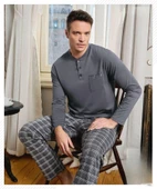 Pijamoni Erkek Düğme Yaka Uzun Kol Mevsimlik Pijama Takımı 6800/11 - 1 Adet  2XL Füme - 1