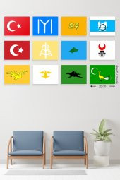 12 Parça Eski Türk Devletleri Bayrakları Desenli MDF Duvar Tablosu - 2