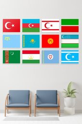 12 Parça Türk Devletleri Bayrakları Desenli MDF Duvar Tablosu - 1