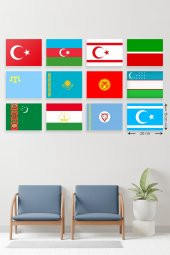 12 Parça Türk Devletleri Bayrakları Desenli MDF Duvar Tablosu - 2