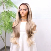 Kumral Platin Ombre ve Röfleli Bebek Saçlı Fiber Sentetik Tül Peruk thumbnail 4