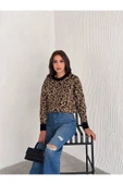 KADIN BİSİKLET YAKA LEOPAR DESENLİ SAKALLI YUMOŞ TRİKO KAZAK - 4
