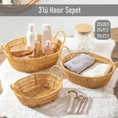 Porsima 302-B Oval 3'lü Hasır Sepet Dekoratif Ev Düzenleyici Kendinden Kulplu Hasır Sepet Seti Banyo Düzenleyici Sepet - 1