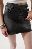 Asimetrik Kemer Denim Mini Etek - 4