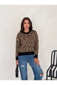 KADIN BİSİKLET YAKA LEOPAR DESENLİ SAKALLI YUMOŞ TRİKO KAZAK - 3