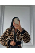 Leopar Desenli Astarlı, Önü Fermuarlı , Hakim Yaka Kısa Crop Mont - 12