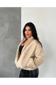 Kadın Premium Tasarım Fermuarlı Peluş Mont, Yumuşak Kumaş Astarlı Kaban - 3