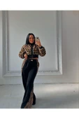 Leopar Desenli Astarlı, Önü Fermuarlı , Hakim Yaka Kısa Crop Mont - 5