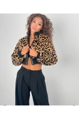 Leopar Desenli Astarlı, Önü Fermuarlı , Hakim Yaka Kısa Crop Mont - 4