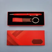 Kırmızı Deri Anahtarlık ve Kalem - 1