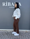 Dar paça pileli kemerli mevsimlik kumaş kadın pantolon - 8