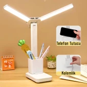 Çift Kanat Masa Lambası Şarjlı 15W Telefon Tutucu 3 Renk Dokunmatik Işık Kademeli Gece Çalışma Işığı thumbnail 5