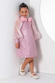 Kız Çocuk Yakası Boydan Gül Broş Detaylı Bilekleri ve Üzeri Pullu Karpuz Kollu Pembe Elbise thumbnail 7