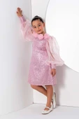 Kız Çocuk Yakası Boydan Gül Broş Detaylı Bilekleri ve Üzeri Pullu Karpuz Kollu Pembe Elbise thumbnail 6