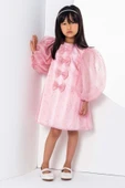 Kız Çocuk Önü Boydan Aşağı Fiyonk Detaylı Balon Kollu İçi Astarlı Pembe Elbise thumbnail 7