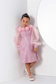 Kız Çocuk Yakası Boydan Gül Broş Detaylı Bilekleri ve Üzeri Pullu Karpuz Kollu Pembe Elbise thumbnail 5