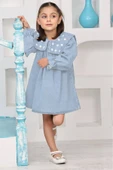 Kız Çocuk Yakası Nakış Papatya Detaylı Jean Elbise 12192 - 1