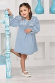 Kız Çocuk Yakası Nakış Papatya Detaylı Jean Elbise 12192 - 3