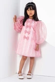 Kız Çocuk Önü Boydan Aşağı Fiyonk Detaylı Balon Kollu İçi Astarlı Pembe Elbise thumbnail 3