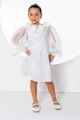 Kız Çocuk Yakası Boydan Gül Broş Detaylı Bilekleri ve Üzeri Pullu Karpuz Kollu Beyaz Elbise thumbnail 1