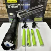 Gold Orion OR-G500 100W Süper Parlak LED El Feneri – 1000 Metre Menzilli, 4*181350 Lityum Pil, Zoom Özellikli, Şarj Edilebilir, Su Geçirmez Metal Gövde - 9