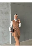Nilay Kadın Kahverengi Trend Yandan Bağlamalı Yelek Gömlek Pantolon 3'lü Takım NILAY-1421 - 3