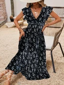 Lucky Life Kadın Kısa Kollu Kruvaze Yakalı Lucky Life Kadın Beli Lastikli çiçek Desenli Elbise thumbnail 2